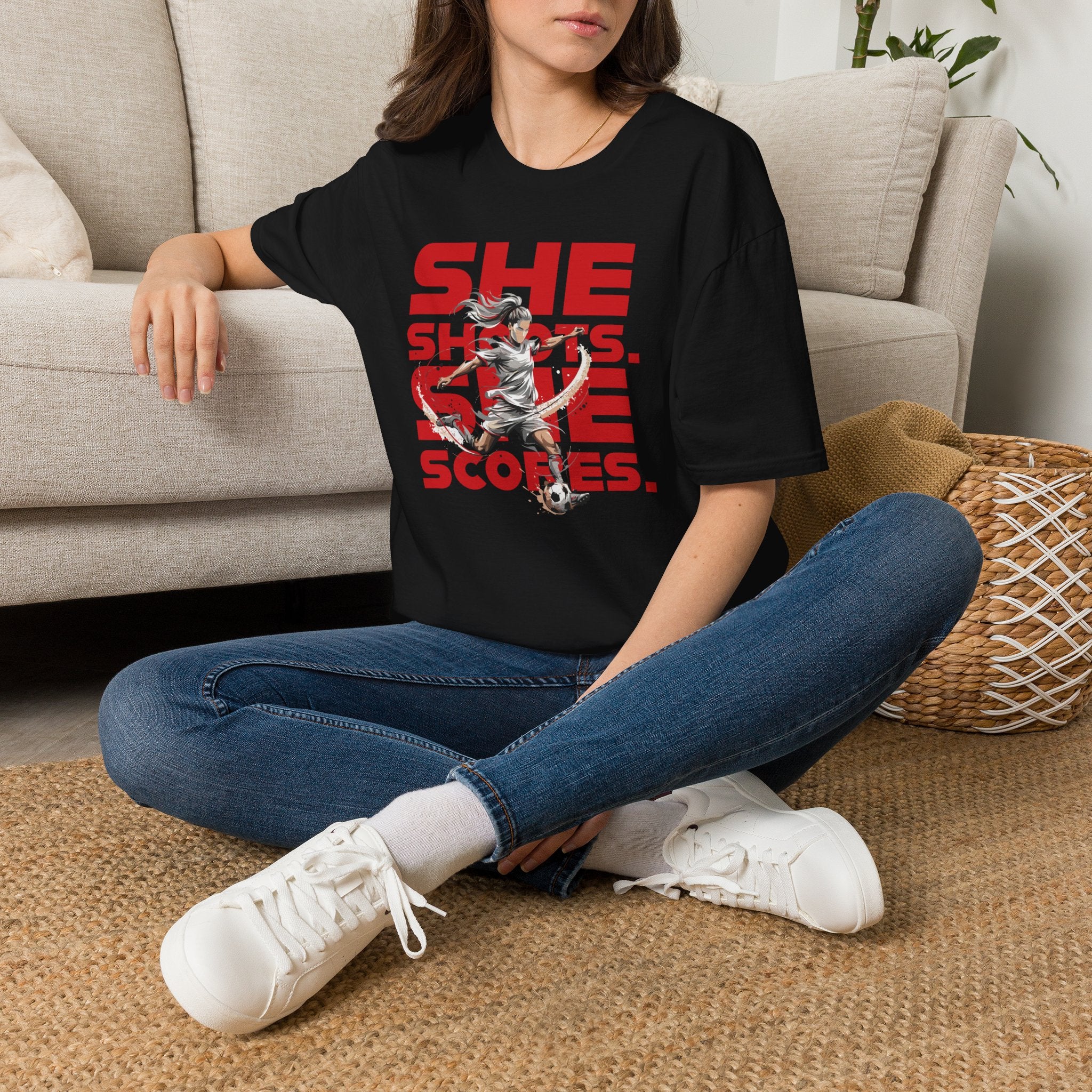 She Shoots, She Scores | Premium Soccer T-Shirt