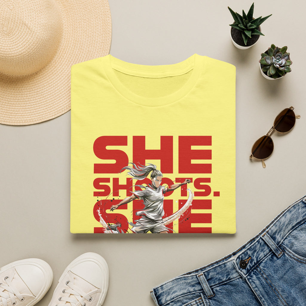 She Shoots, She Scores | Premium Soccer T-Shirt