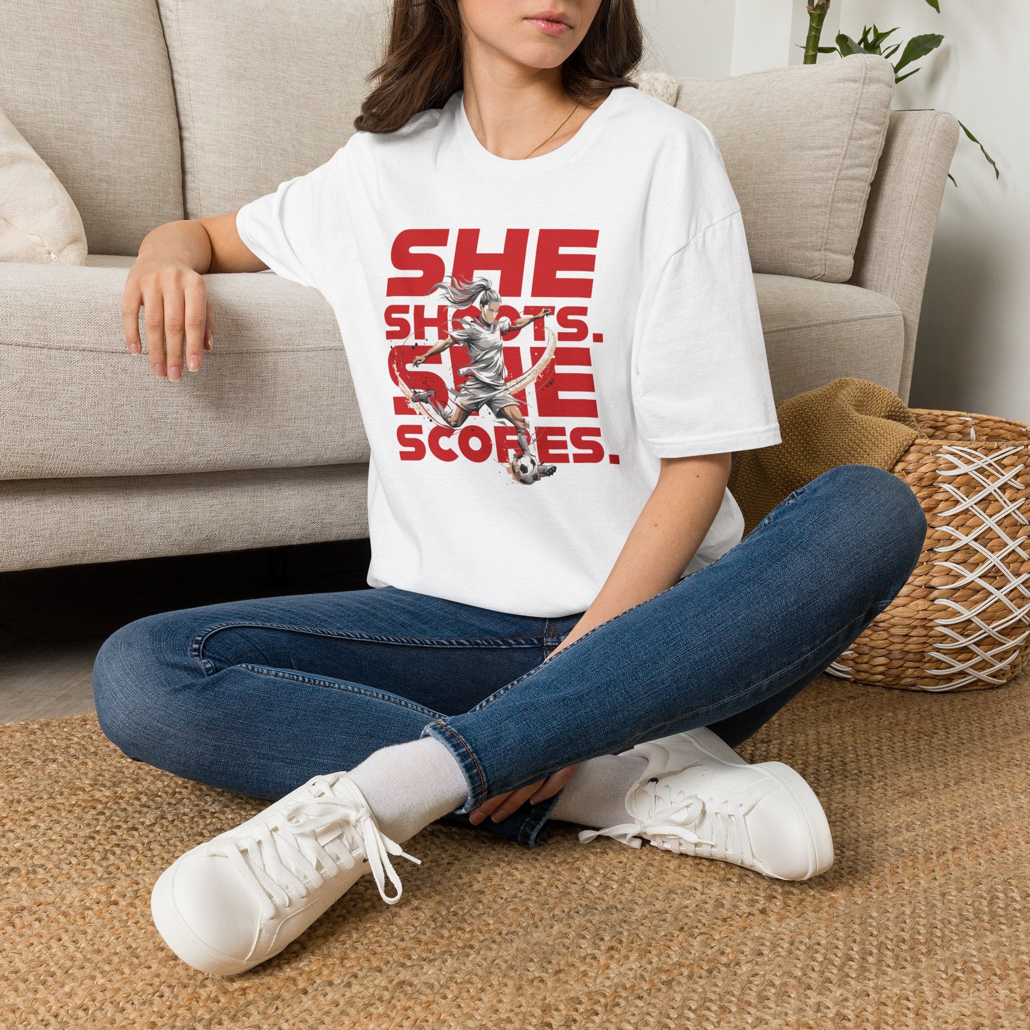 She Shoots, She Scores | Premium Soccer T-Shirt