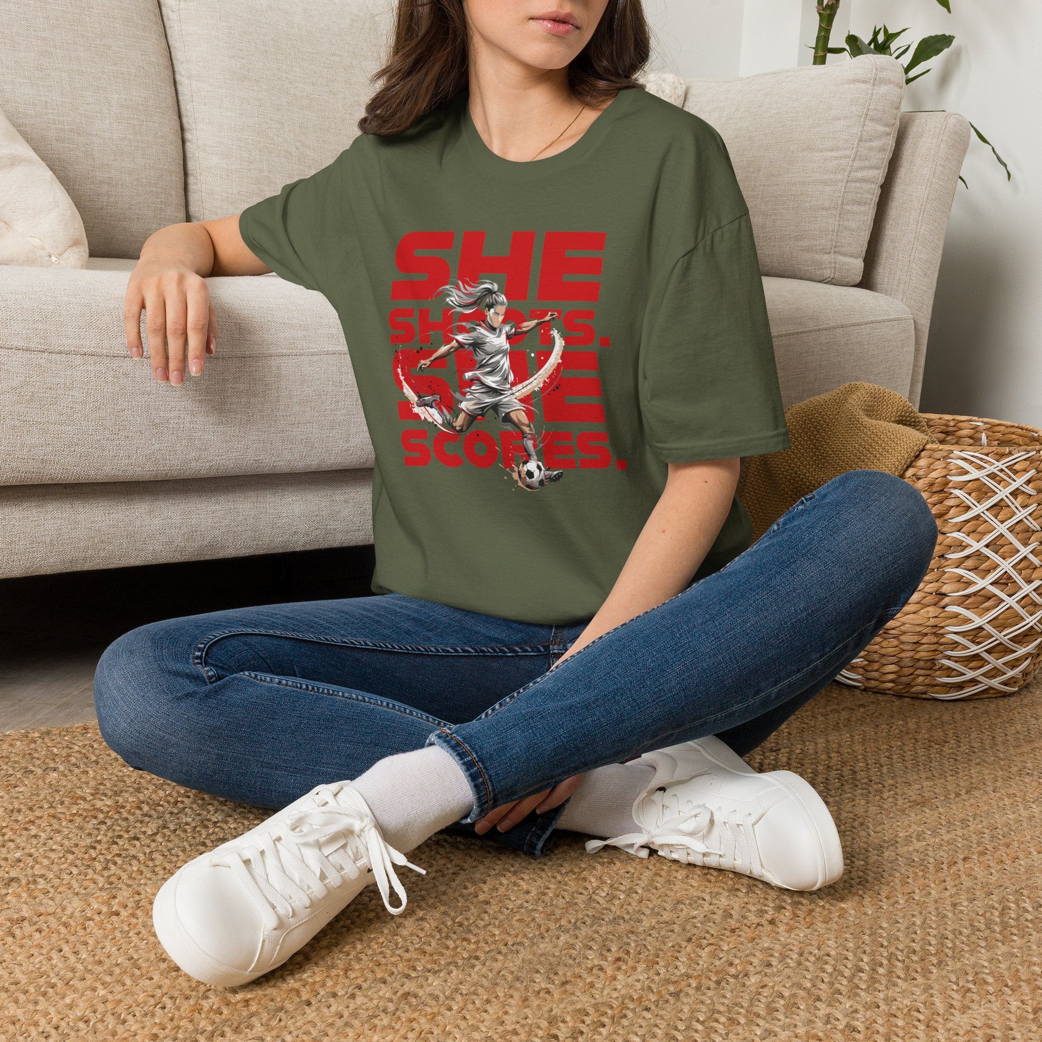 She Shoots, She Scores | Premium Soccer T-Shirt