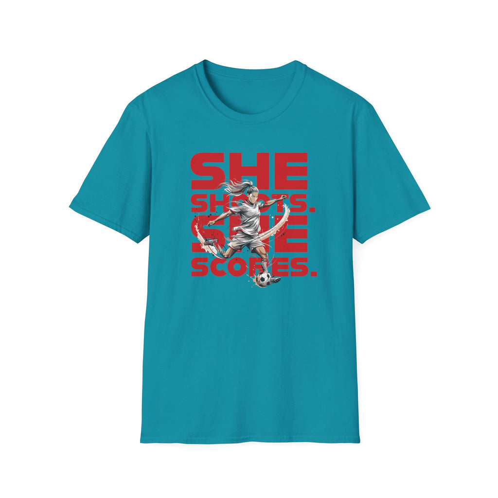 She Shoots, She Scores | Premium Soccer T-Shirt