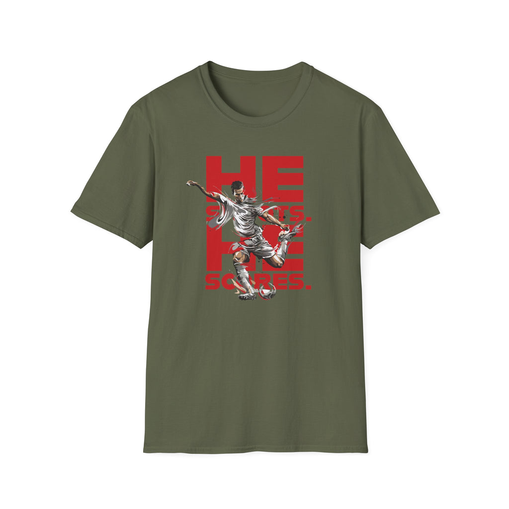 He Shoots, He Scores | Premium Soccer T-Shirt