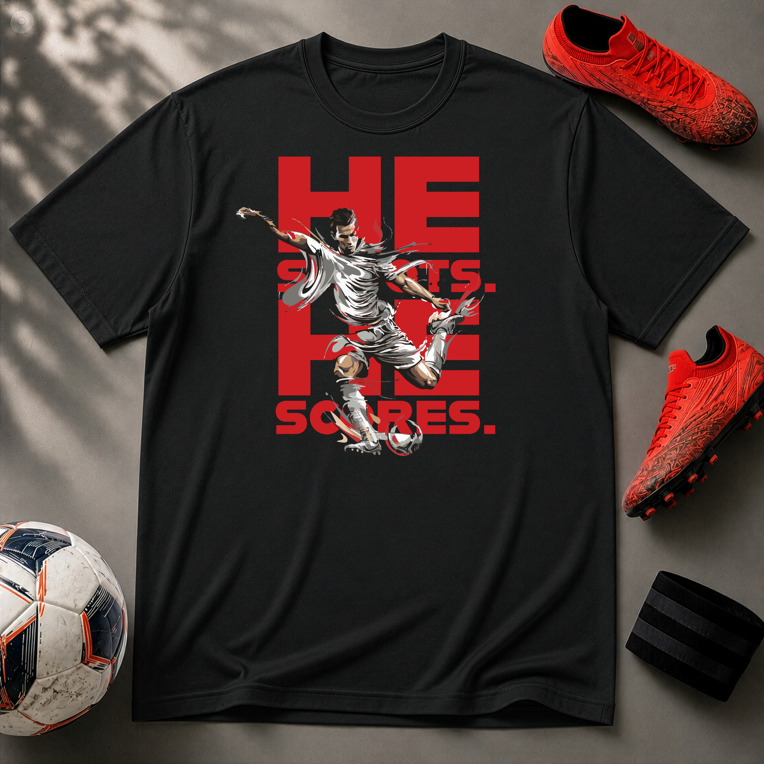 He Shoots, He Scores | Premium Soccer T-Shirt