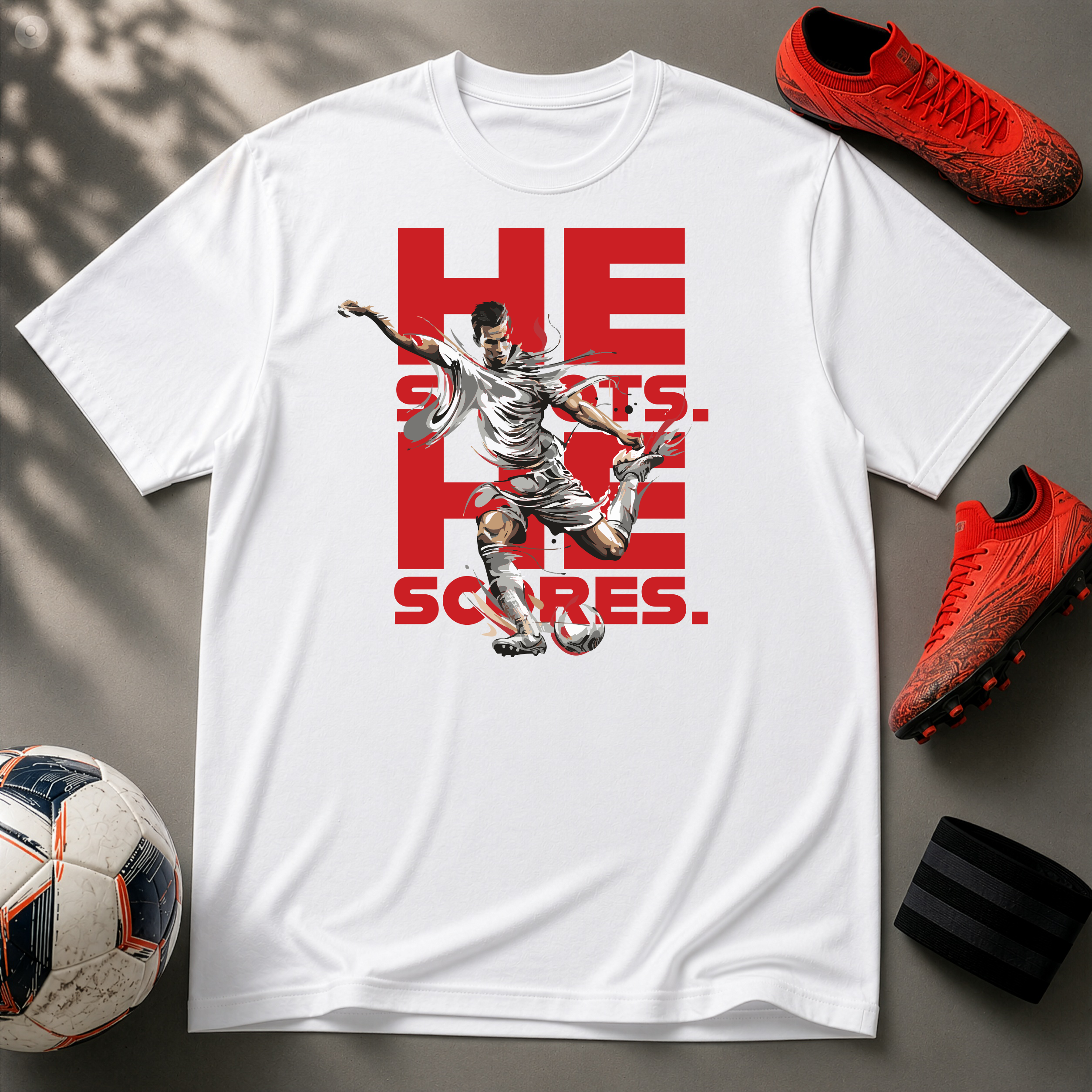 He Shoots, He Scores | Premium Soccer T-Shirt