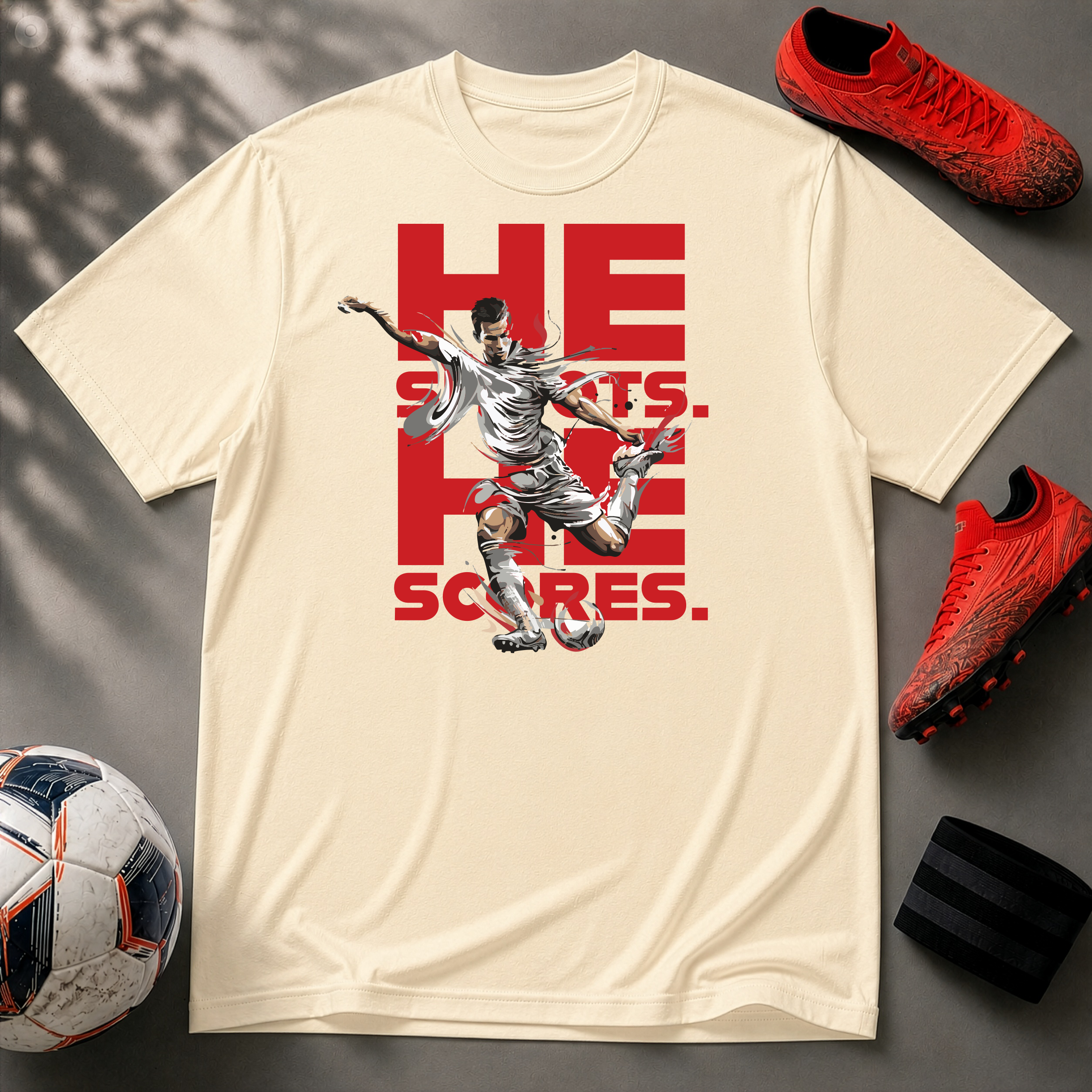 He Shoots, He Scores | Premium Soccer T-Shirt