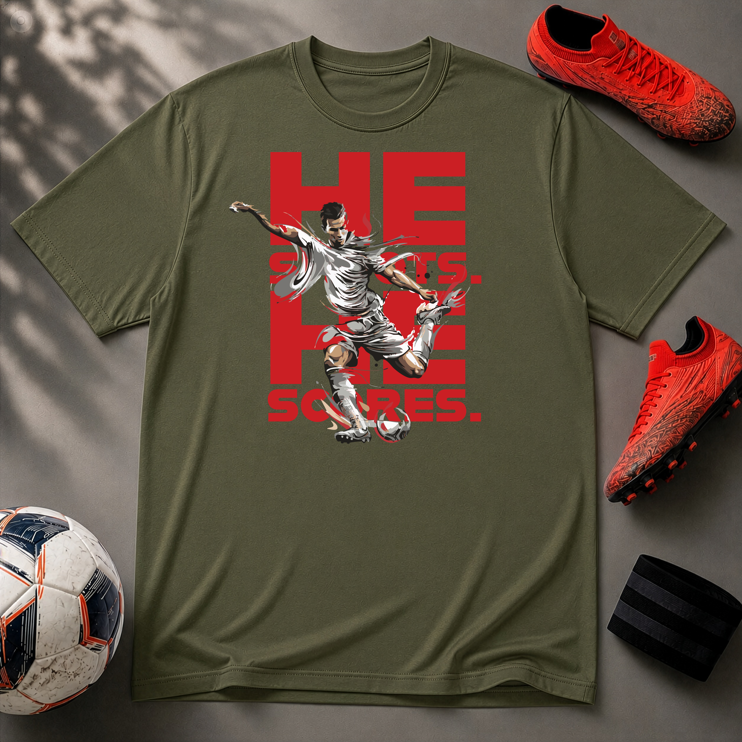 He Shoots, He Scores | Premium Soccer T-Shirt