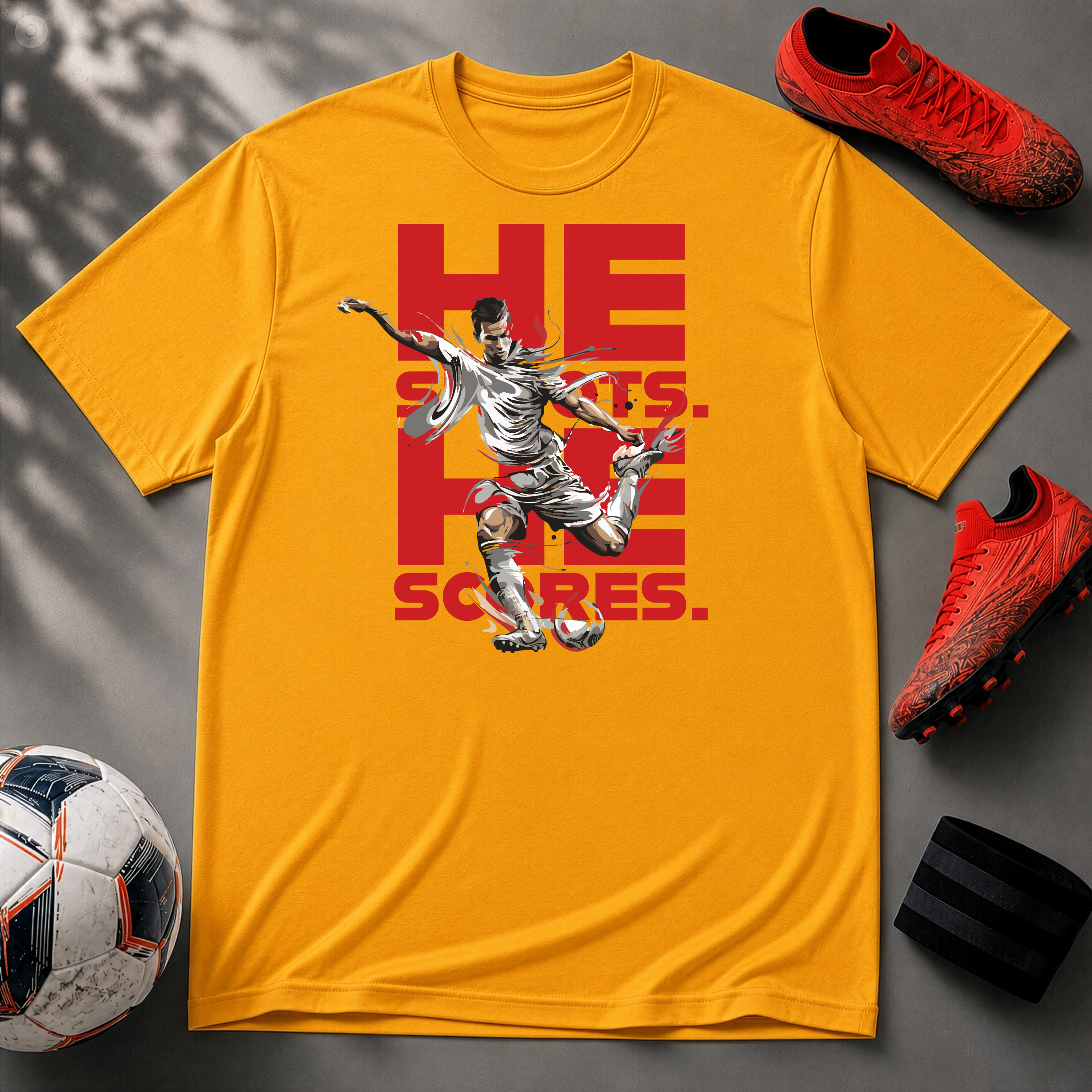 He Shoots, He Scores | Premium Soccer T-Shirt