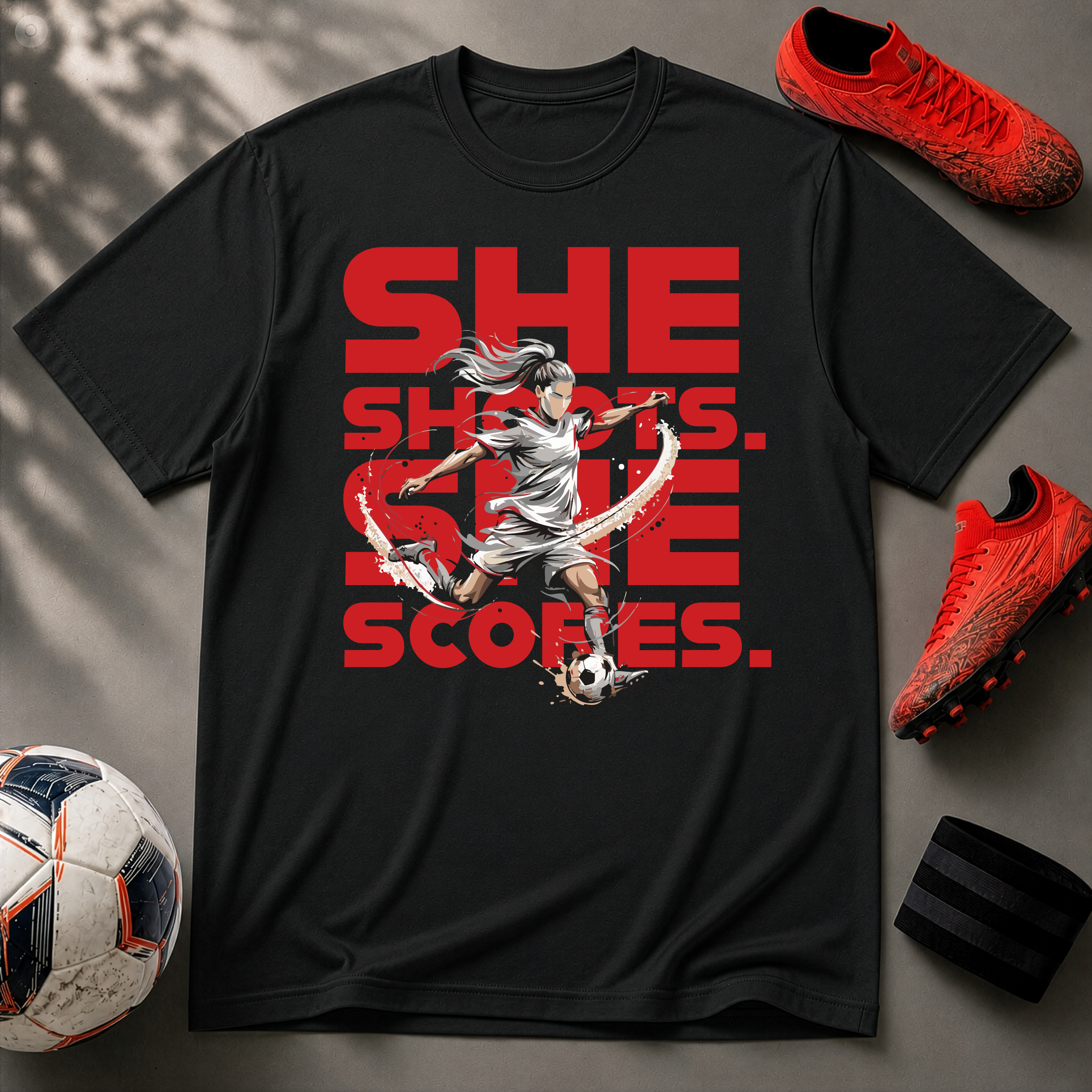 She Shoots, She Scores | Premium Soccer T-Shirt