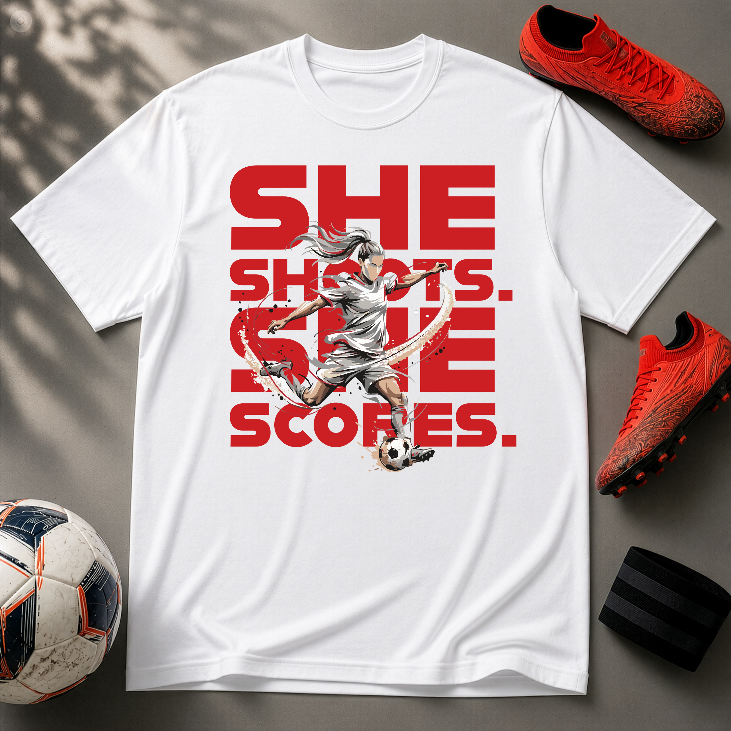 She Shoots, She Scores | Premium Soccer T-Shirt
