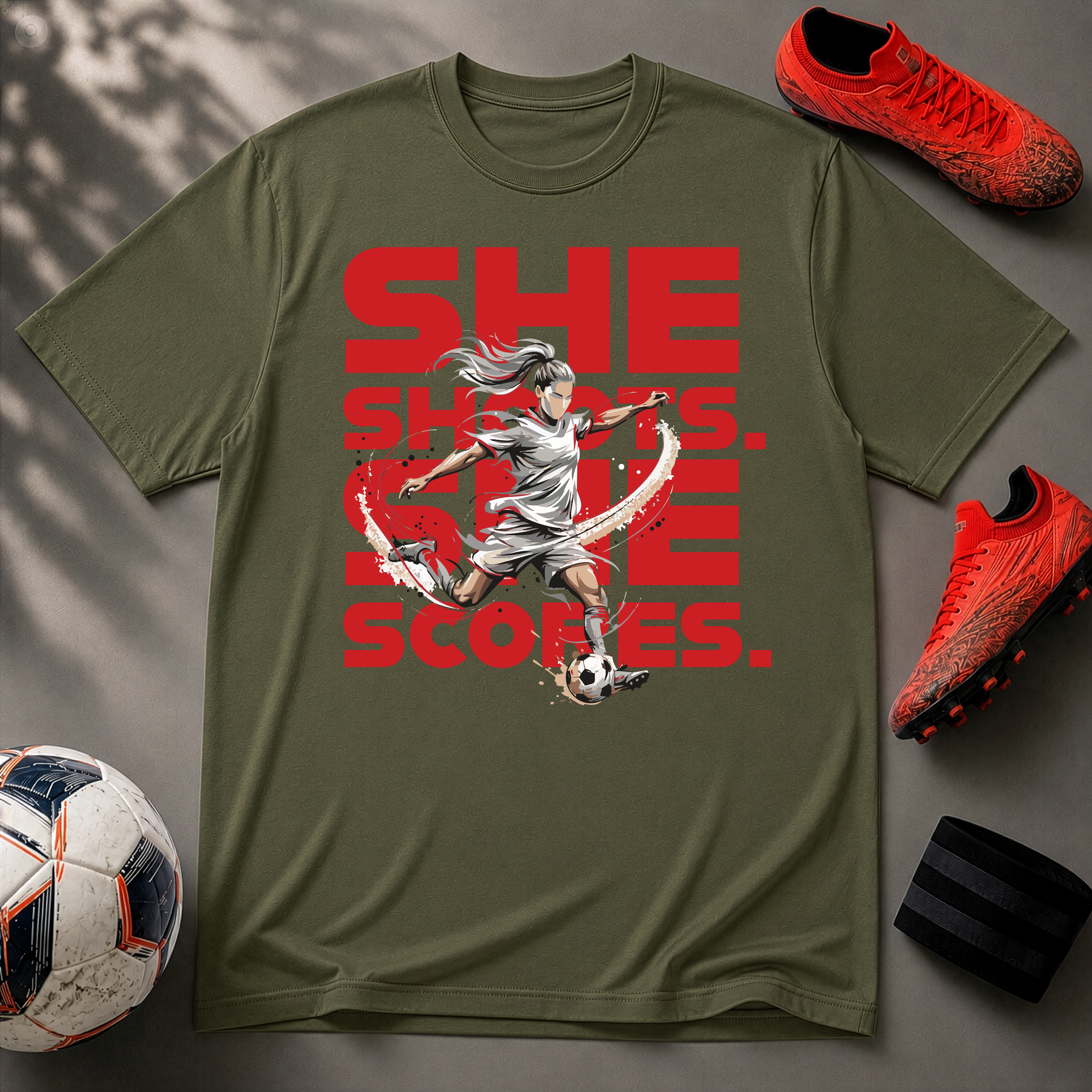 She Shoots, She Scores | Premium Soccer T-Shirt