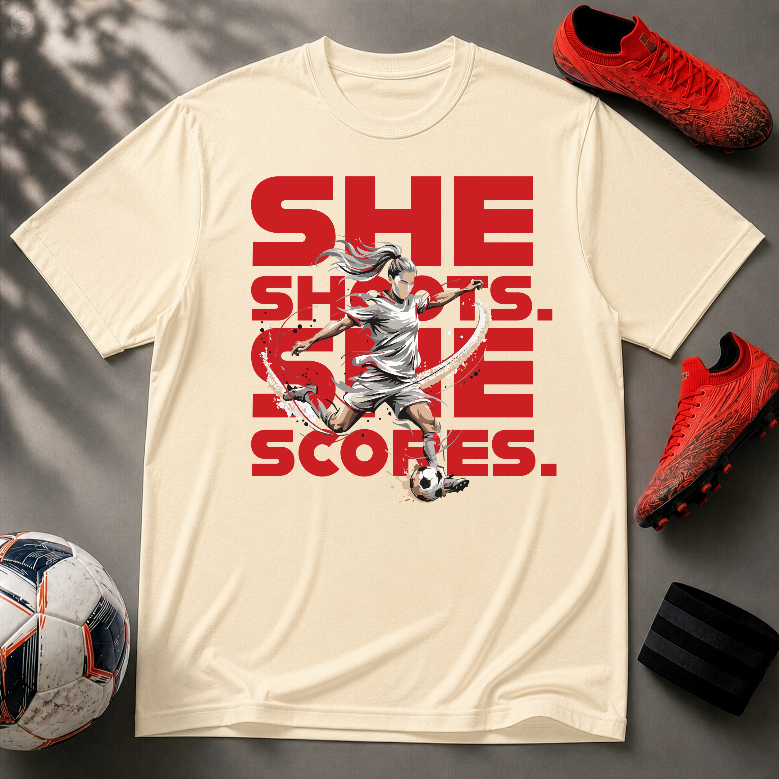 She Shoots, She Scores | Premium Soccer T-Shirt