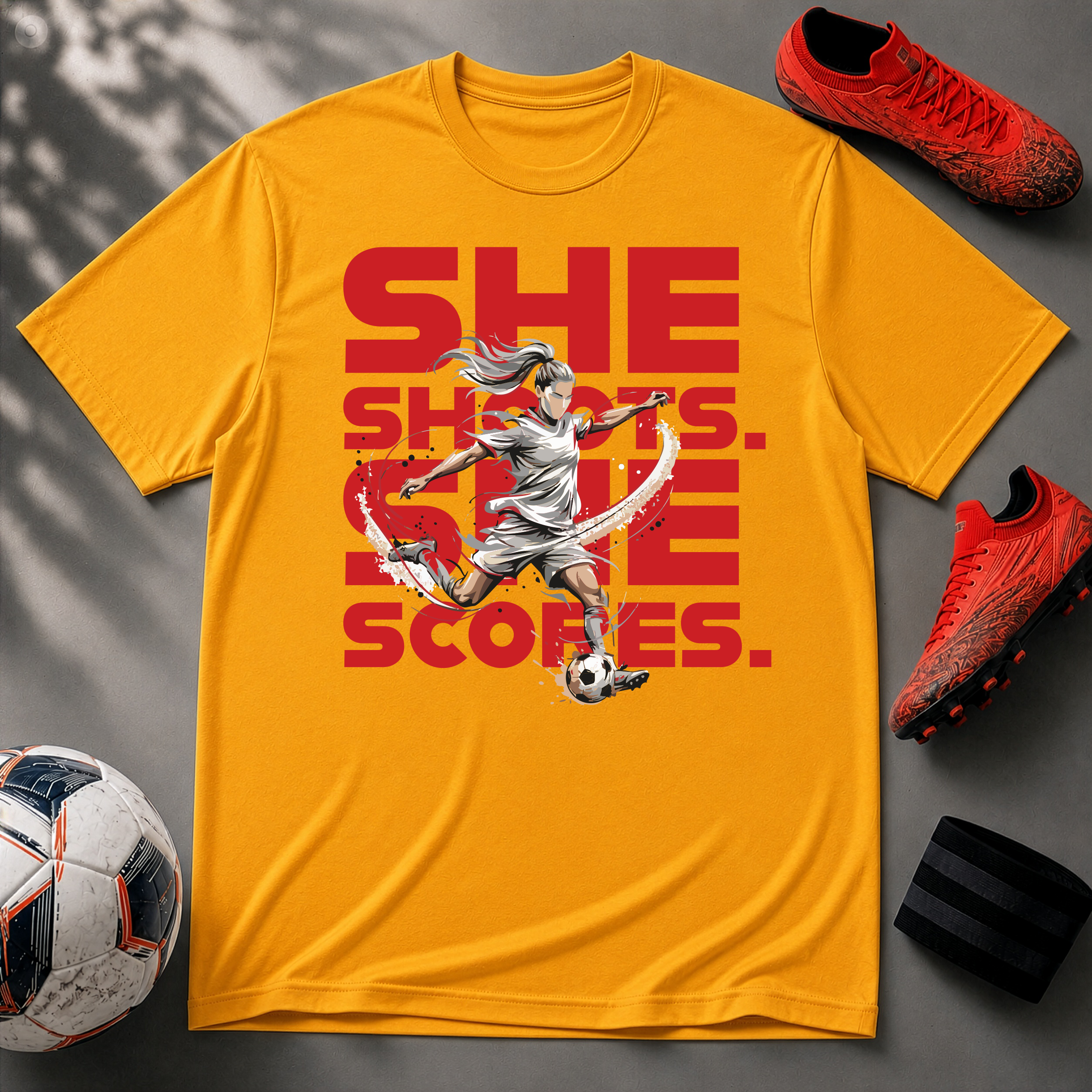 She Shoots, She Scores | Premium Soccer T-Shirt