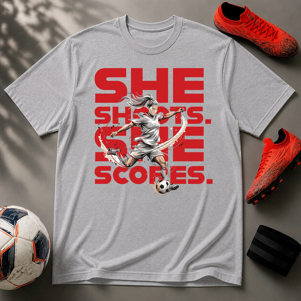 She Shoots, She Scores | Premium Soccer T-Shirt
