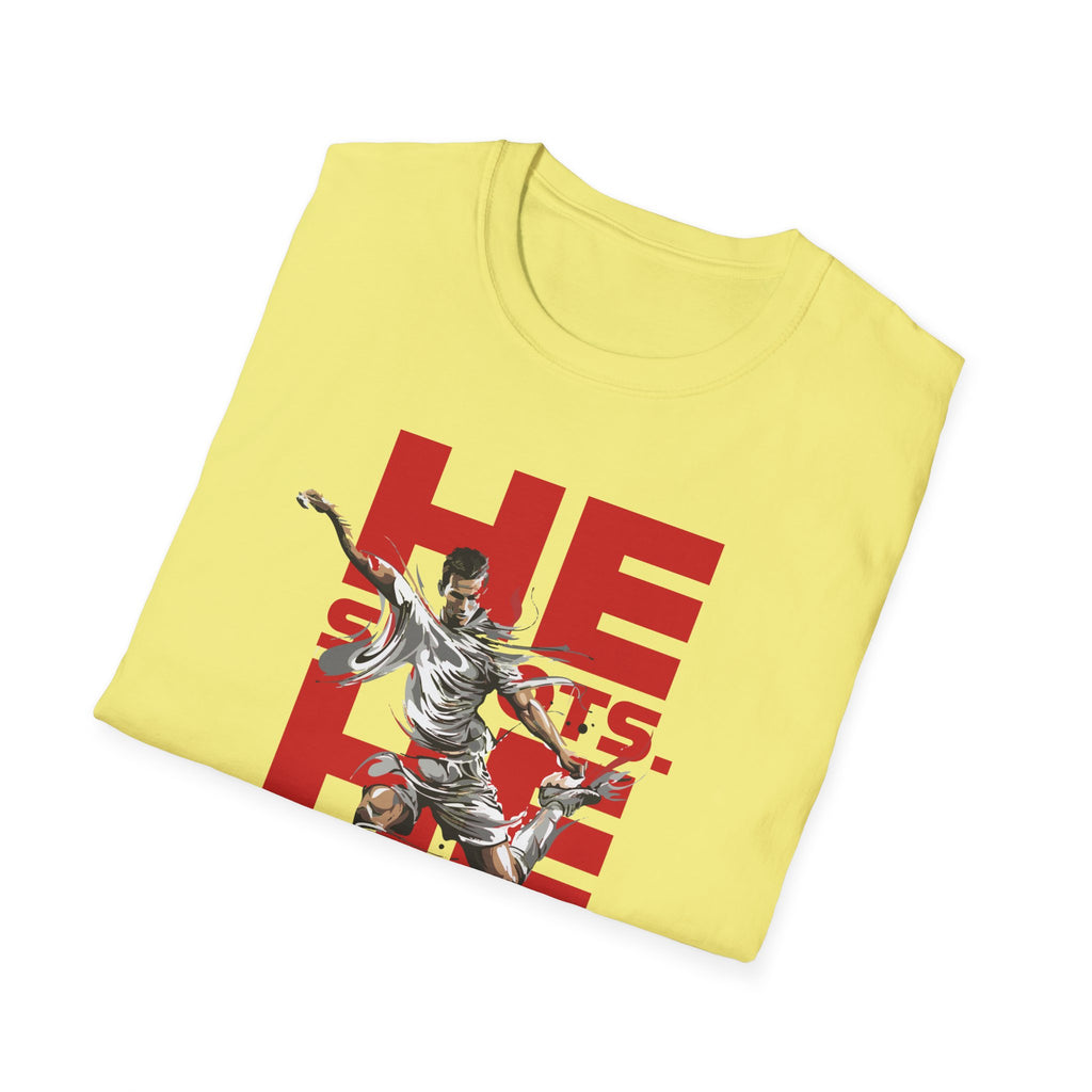 He Shoots, He Scores | Premium Soccer T-Shirt