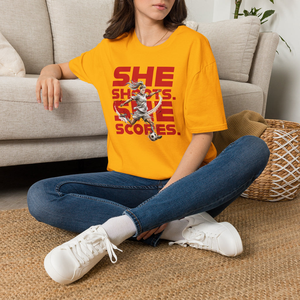 She Shoots, She Scores | Premium Soccer T-Shirt