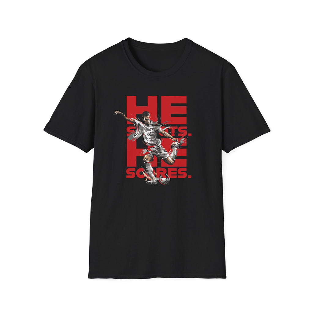 He Shoots, He Scores | Premium Soccer T-Shirt