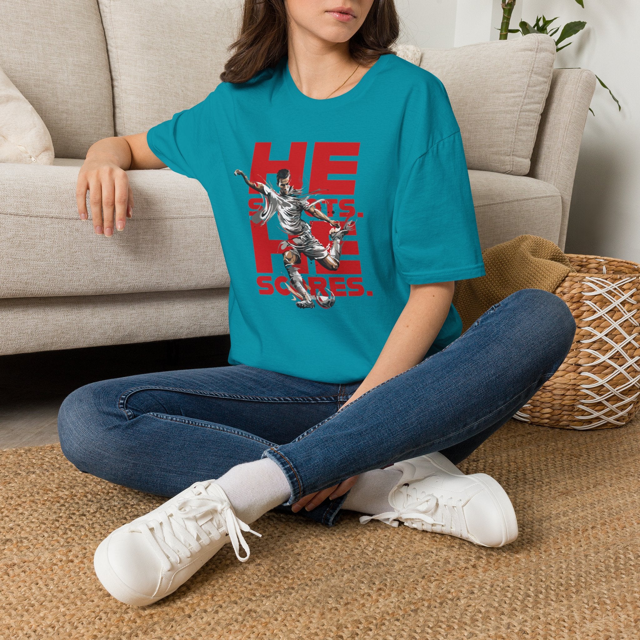 He Shoots, He Scores | Premium Soccer T-Shirt