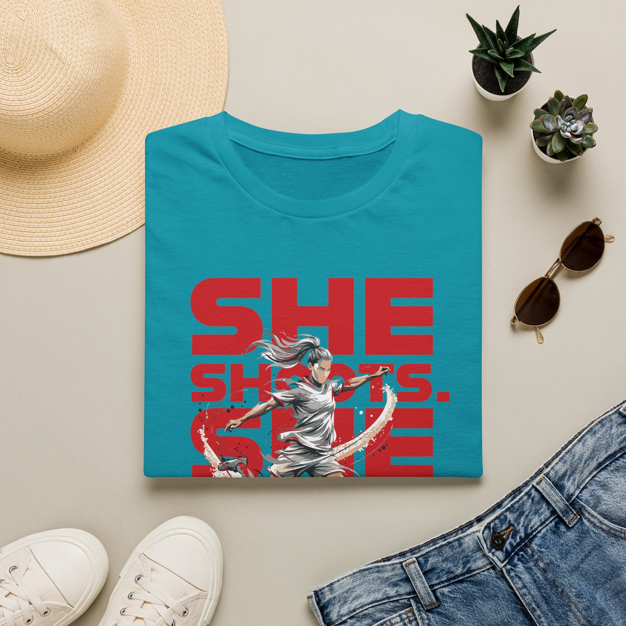 She Shoots, She Scores | Premium Soccer T-Shirt