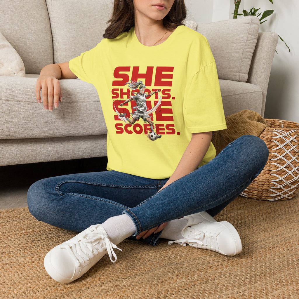 She Shoots, She Scores | Premium Soccer T-Shirt