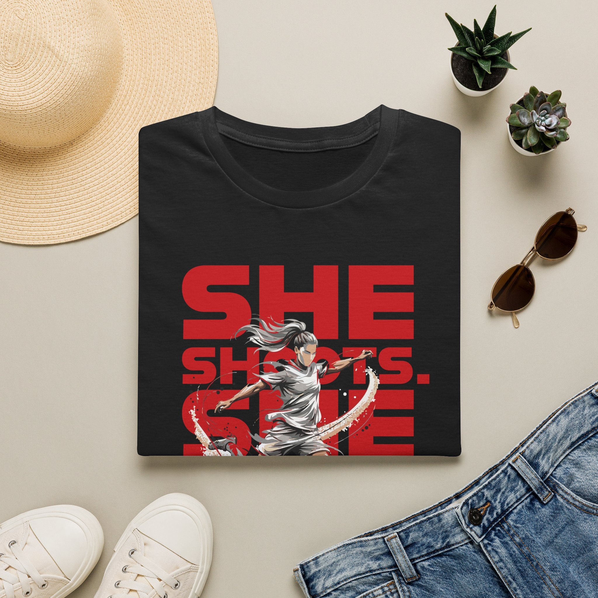 She Shoots, She Scores | Premium Soccer T-Shirt