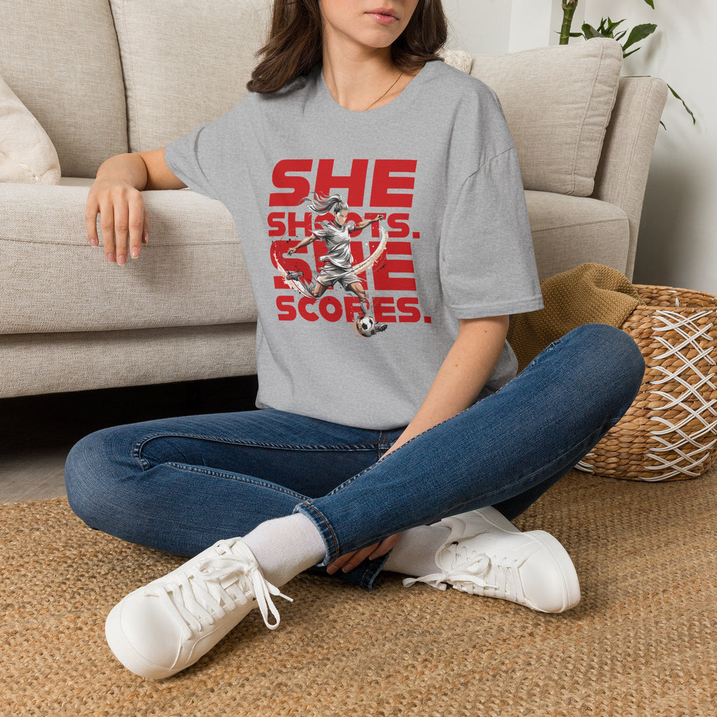 She Shoots, She Scores | Premium Soccer T-Shirt