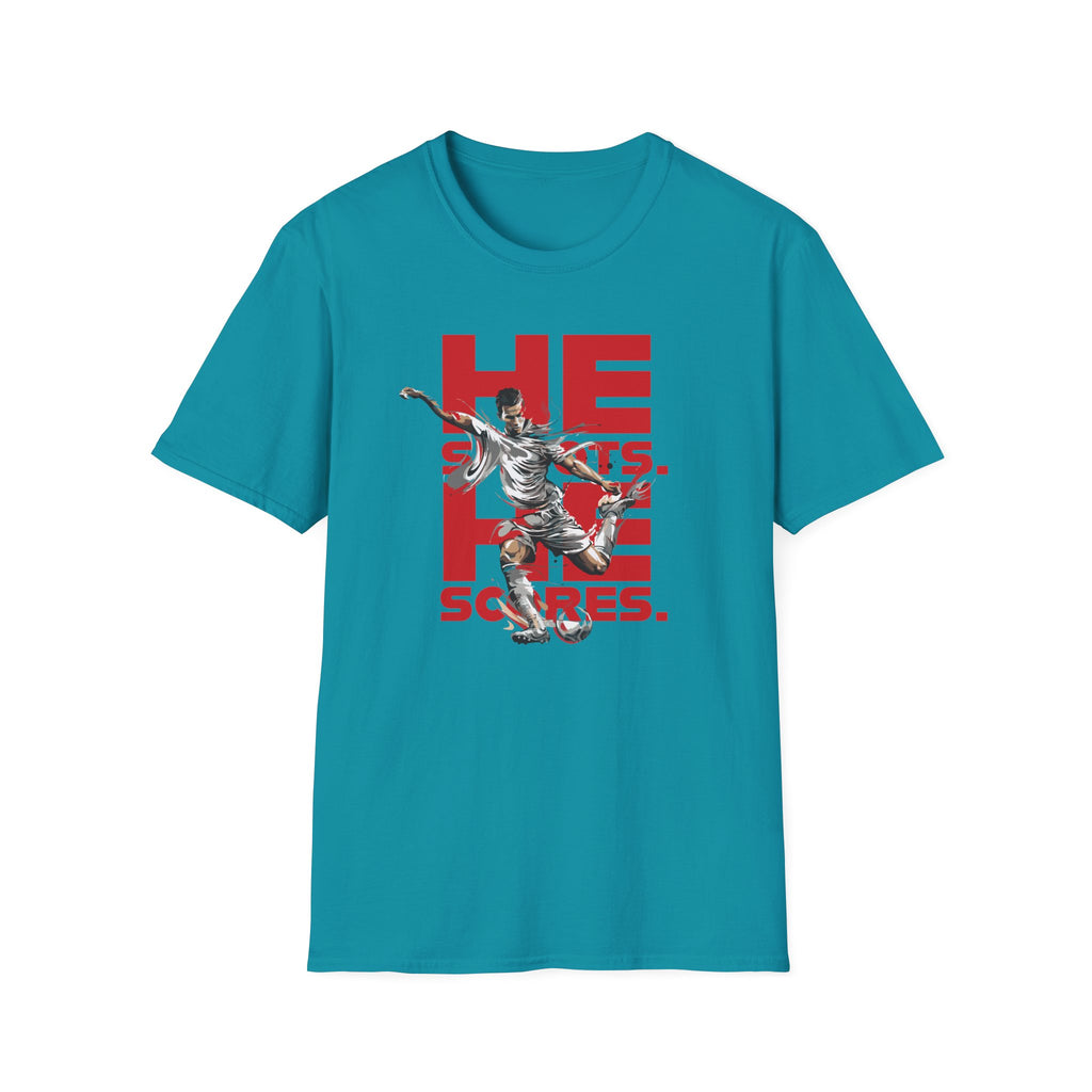 He Shoots, He Scores | Premium Soccer T-Shirt