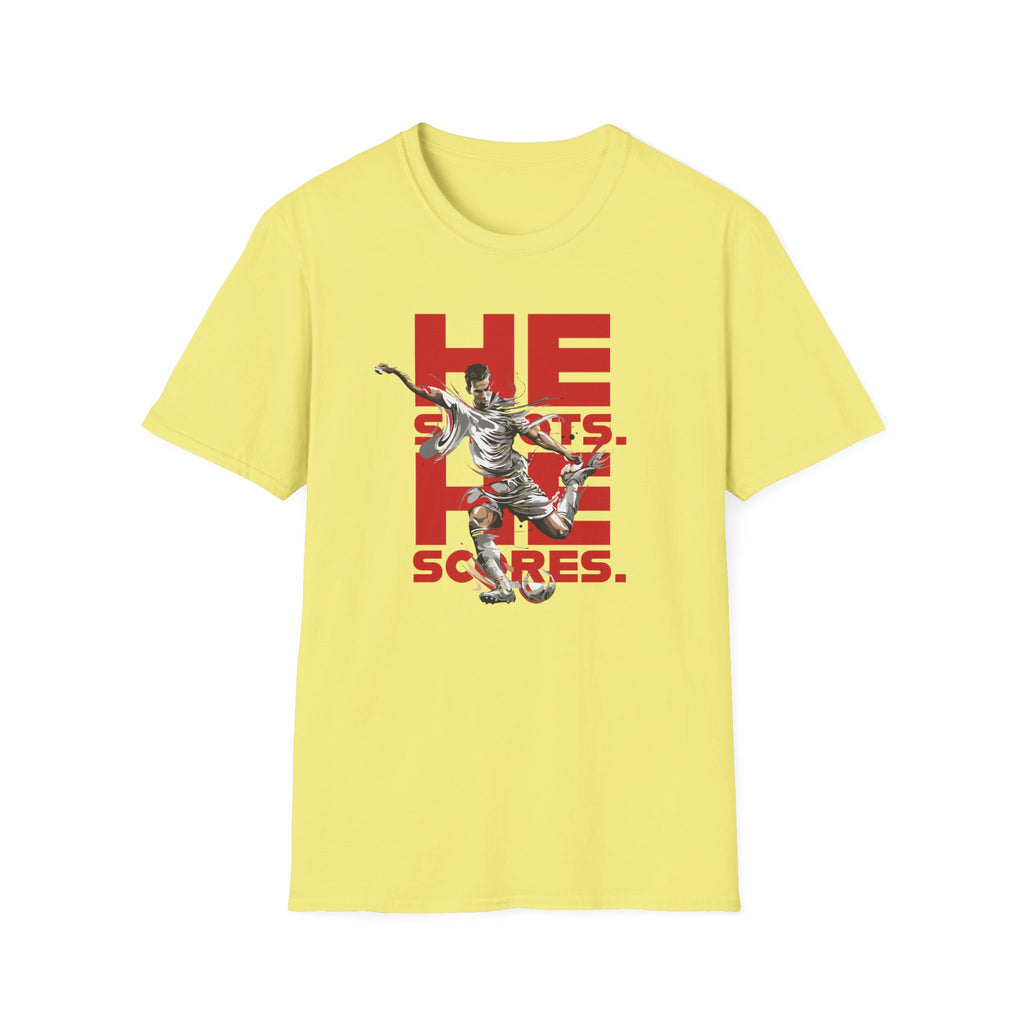 He Shoots, He Scores | Premium Soccer T-Shirt
