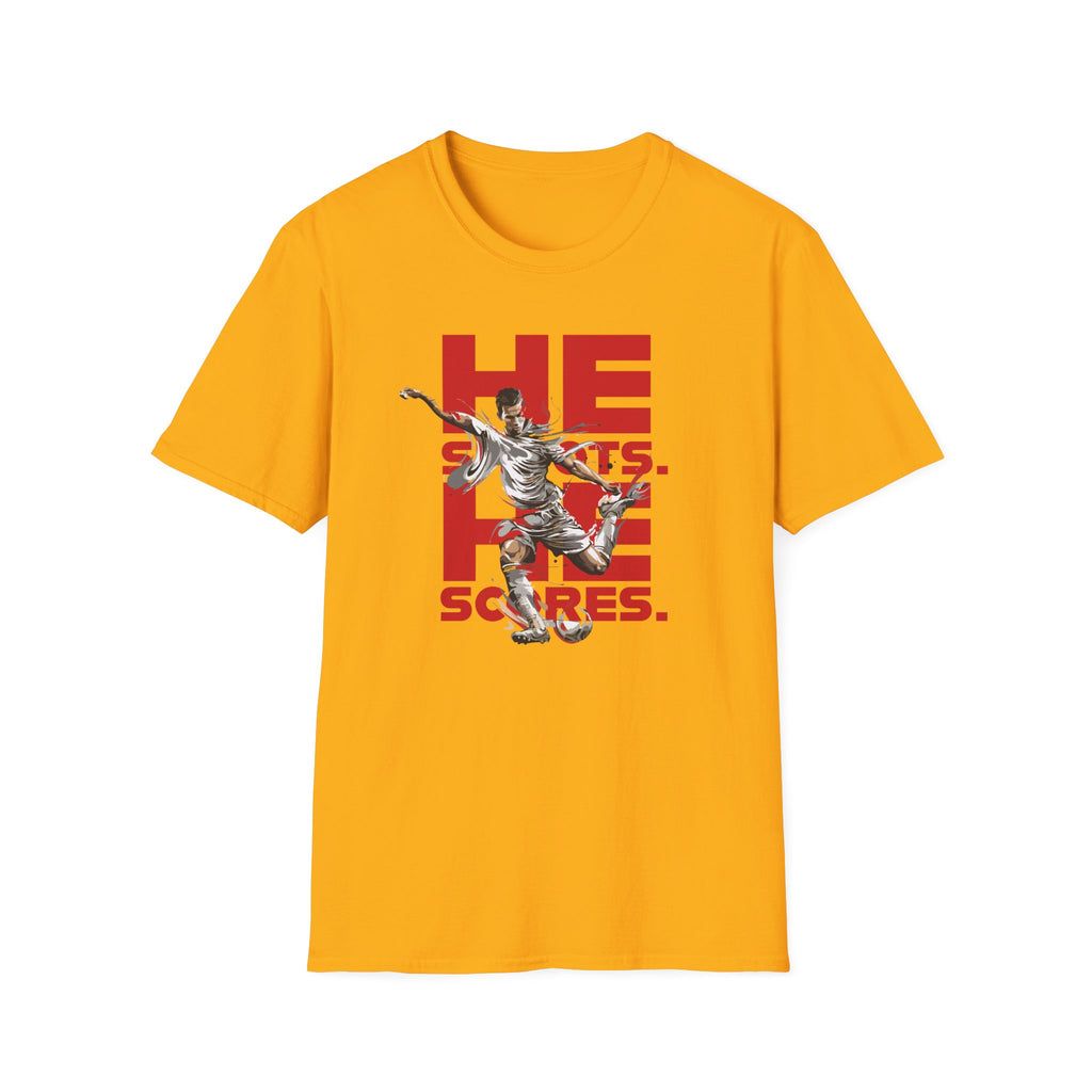 He Shoots, He Scores | Premium Soccer T-Shirt