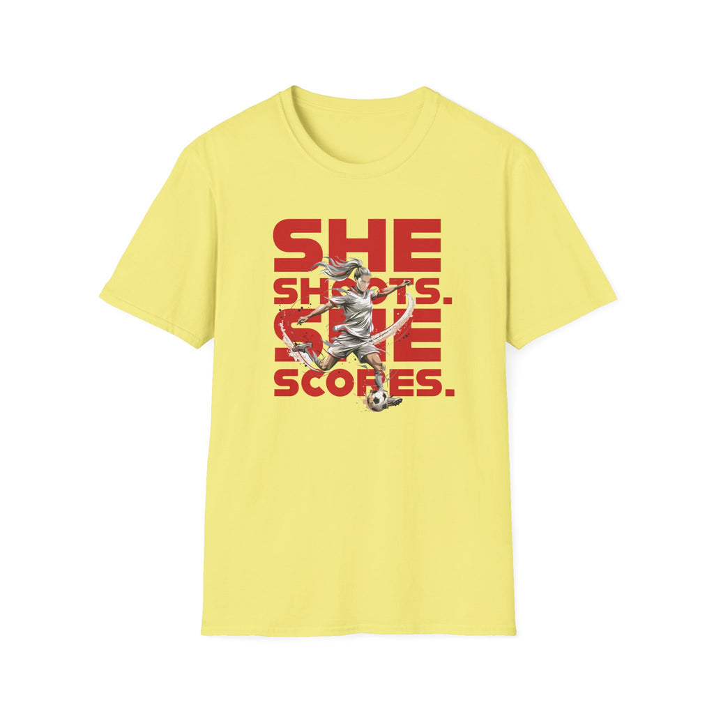 She Shoots, She Scores | Premium Soccer T-Shirt