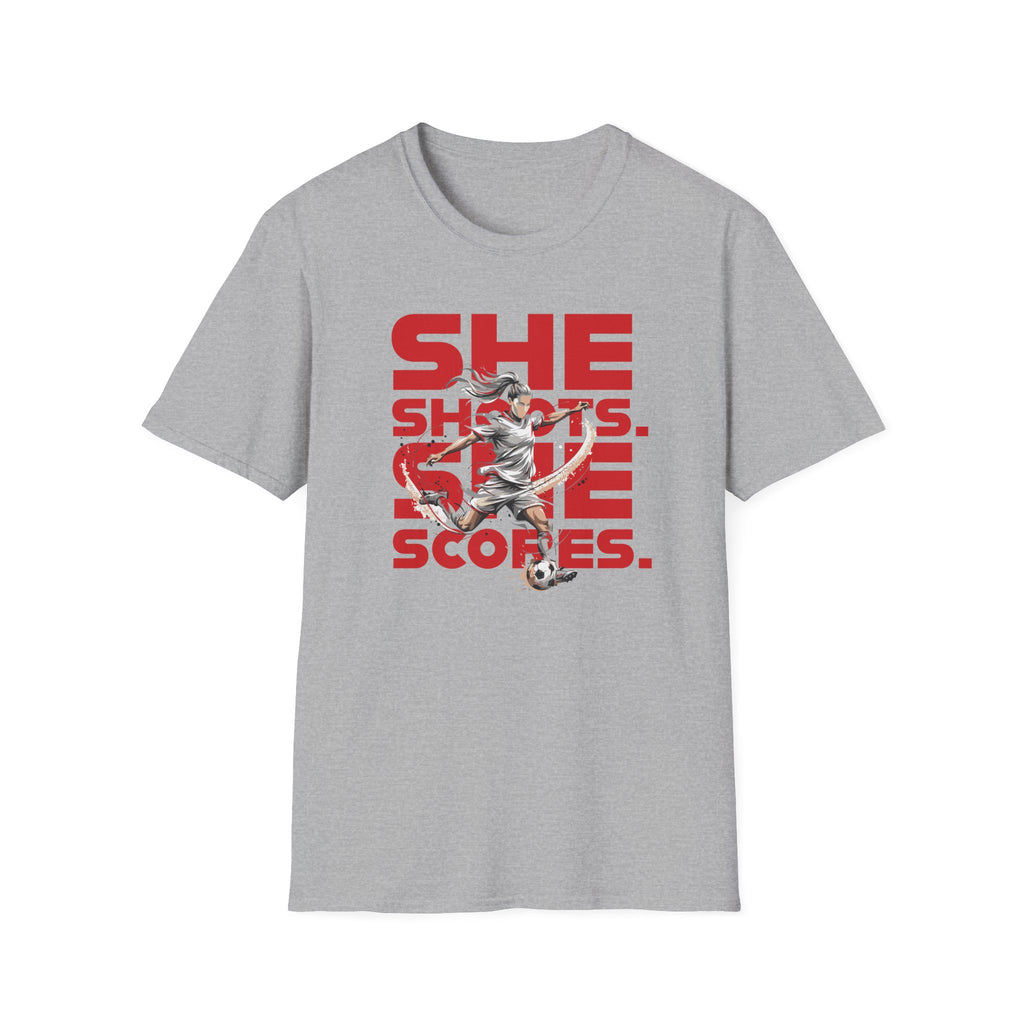 She Shoots, She Scores | Premium Soccer T-Shirt