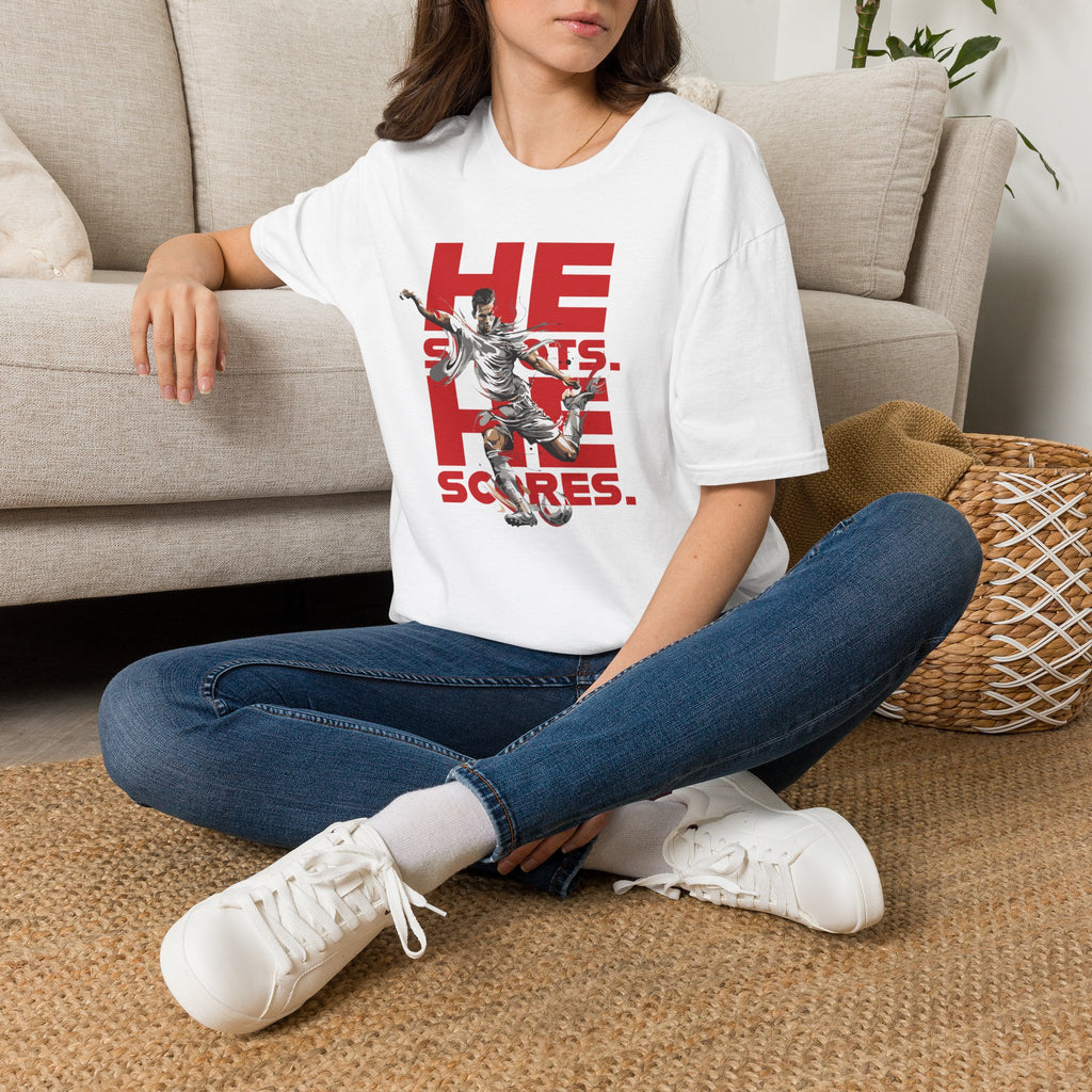 He Shoots, He Scores | Premium Soccer T-Shirt